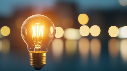 Aufkleber - Glowing Vintage Light Bulb Hanging in Air with Bokeh Background During Evening : Generative AI