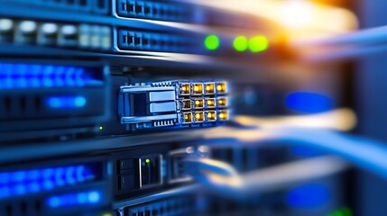 Fototapete - High tech server room with illuminated cables and digital connections : Generative AI