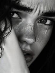 Poster - Emotional portrait of a woman capturing sadness with a tear in black and white : Generative AI