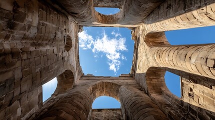 Poster - Astonishing view through ancient stone architecture showing clouds and blue sky : Generative AI