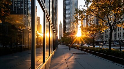 Poster - Stunning Urban Sunset Reflection on Modern Buildings Lit by Golden Hour Sun : Generative AI