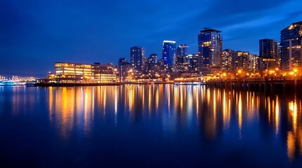 Poster - Stunning city skyline at night with reflections on calm water showcasing vibrant urban life : Generative AI