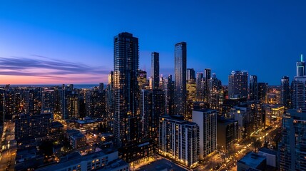 Aufkleber - Stunning Urban Skyline at Dusk with Glittering Lights and Beautiful Sunset Above City : Generative AI