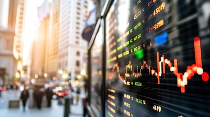 Leinwandbilder - Stock Market Data Displayed on a Transparent Screen With City View Background : Generative AI