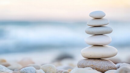 Fototapete - Balanced Stack of Smooth White Stones on a Beach With Gentle Ocean Waves : Generative AI