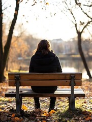 Poster - Woman Sitting on a Park Bench Overlooking a Serene Lake in Autumn : Generative AI