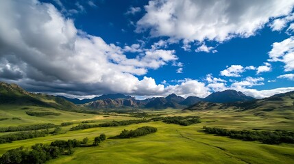Aufkleber - Expansive Green Landscape With Mountains And Blue Sky In A Scenic Nature View : Generative AI