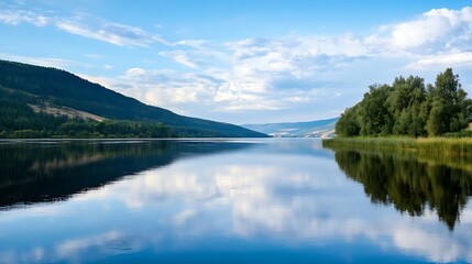 Aufkleber - Serene Lake Landscape with Blue Sky and Reflections of Trees and Clouds : Generative AI