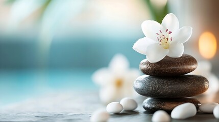 Poster - Spa Setting with Smooth Stones Piled Together and White Flower for Relaxing Ambiance : Generative AI