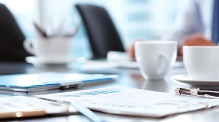 Fototapete - Professional Business Meeting with Laptops and Coffee Cups on Table Surrounded by Papers : Generative AI