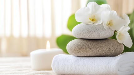Aufkleber - Balanced Stones with White Orchid and Candle Creating a Spa Like Atmosphere : Generative AI