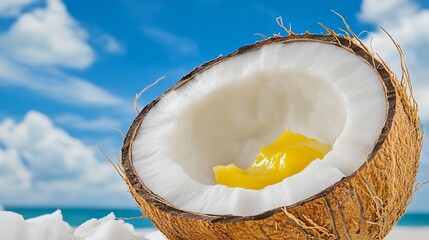 Aufkleber - Fresh Coconut Halved Revealing Juicy Fruit and Creamy Delight Under Bright Sky : Generative AI