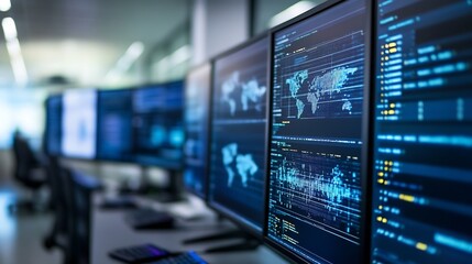 Leinwandbilder - Futuristic data analysis monitors displaying global information on technology screen : Generative AI