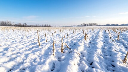 Aufkleber - Beautiful snowy landscape featuring empty fields under clear blue sky in winter : Generative AI