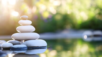 Aufkleber - Serene Stacked Stones on a Peaceful Lake Surrounded by Lush Greenery in Soft Light : Generative AI