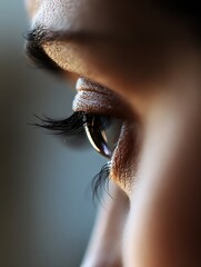 Poster - Close up view of human eye reflecting light with long eyelashes enhancing beauty and depth : Generative AI