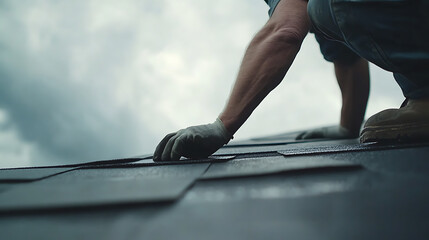 Wall Mural - Roofing contractor repairing a roof after a storm. Featuring roofing repair and home maintenance