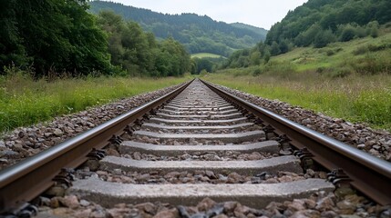 Poster - Endless Railway Tracks Surrounded by Lush Green Fields and Hills in Nature Landscape : Generative AI