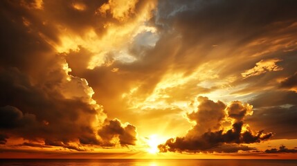 Poster - Stunning sunset over ocean with vibrant clouds and golden hues : Generative AI