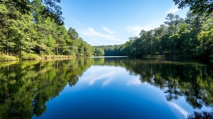 Poster - Serene Landscape Featuring Calm Lake Surrounded by Green Forest and Clear Sky : Generative AI