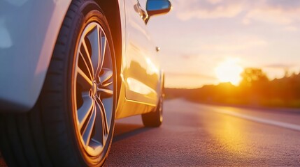 Poster - Sunset Over a Scenic Highway with Close Up View of Car Tire and Road : Generative AI