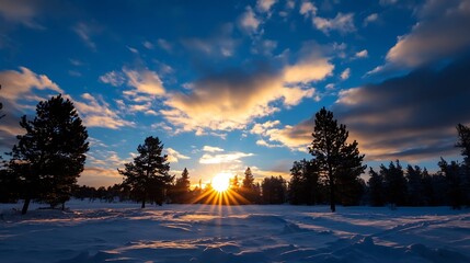 Fototapete - Stunning winter sunset over snowy landscape with tall pine trees : Generative AI