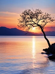 Aufkleber - Silhouette of Tree at Sunset Over Calm Water with Mountain in Background : Generative AI