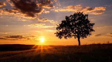 Aufkleber - Majestic Silhouette of a Lone Tree Against a Vibrant Sunset Sky : Generative AI
