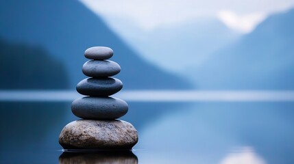 Aufkleber - Serene Stacked Stones on Calm Water with Mountains in Background Perfect for Meditation and Tranquility : Generative AI