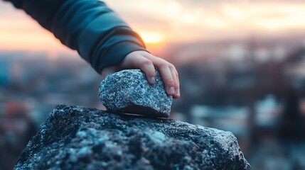 Poster - Child Hand Gently Placing a Smooth Rock on Top of a Larger Stone at Sunrise : Generative AI