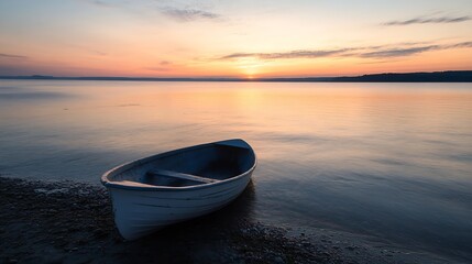 Aufkleber - Serene sunset view with boat silhouette on tranquil water at dusk : Generative AI