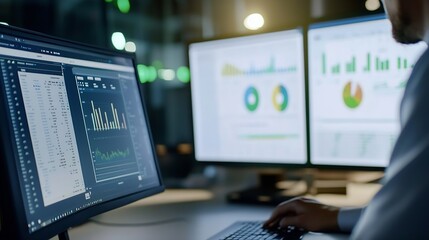 Leinwandbilder - Business analytics dashboard on multiple screens analyzing data with graphs and statistics in office setting : Generative AI