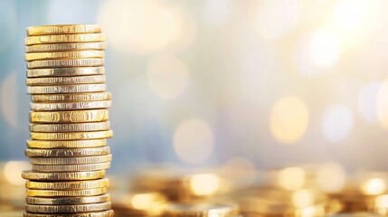 Poster - Pyramid of shining gold coins with blurred bokeh background highlighting richness and wealth : Generative AI