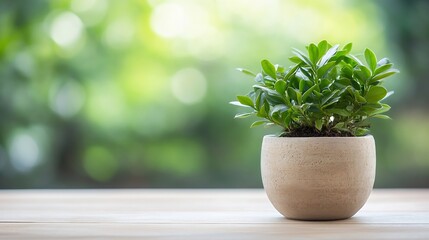 Poster - Elegant Indoor Potted Plant on Wooden Table with Soft Focus Background and Lush Greenery : Generative AI