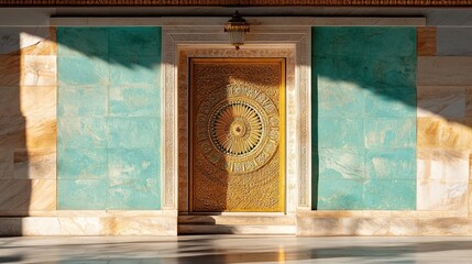 Poster - A golden ornate door is centered between panels of teal stone, framed by beige marble with strong lighting casting shadows to the left, on a wet ground