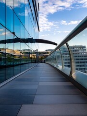 Aufkleber - Wide Angle View of a Modern Urban Walkway with Glass Facade Skyscrapers : Generative AI