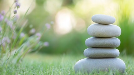 Leinwandbilder - Balanced Five Stone Pile for Zen and Relaxation in Nature Setting : Generative AI