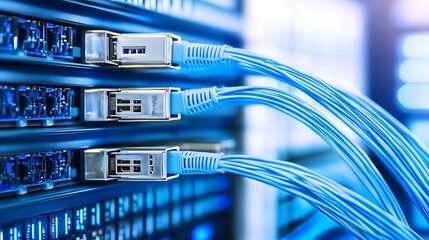 Fototapete - High-tech data server with blue network cables connected highlighting technology and connectivity : Generative AI