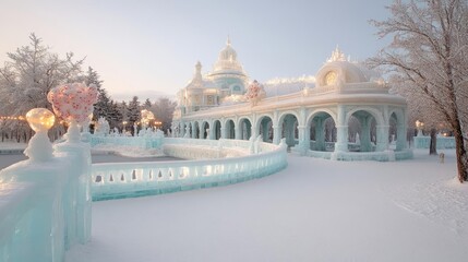 Aufkleber - Winter scene featuring an illuminated ice structure with intricate details, set against a snowy landscape and a soft sunset sky. The scene conveys a sense of magic and tranquility in a winter