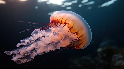 Aufkleber - This image captures a vibrant jellyfish swimming gracefully in the ocean. The jellyfish is predominantly brown and white, illuminated by sunlight filtering through the water, creating a stunning