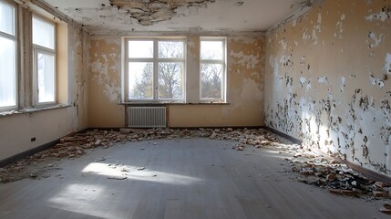 Aufkleber - Deteriorated Interior of an Abandoned Room with Peeling Walls and Natural Light : Generative AI
