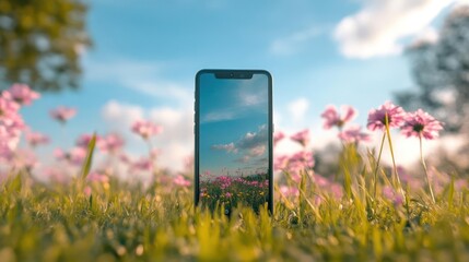 Poster - A mobile phone stands upright amidst lush green grass and delicate pink flowers, reflecting a serene sky with soft clouds. The scene is bathed in warm, natural light, creating a tranquil and inviting