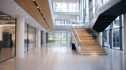 Aufkleber - Modern spacious lobby with elegant staircases and large windows inviting natural light : Generative AI