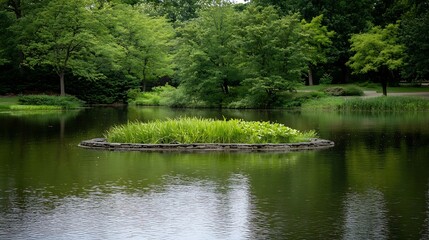 Poster - Tranquil Island Surrounded by Lush Greenery in a Calm Reflective Lake : Generative AI