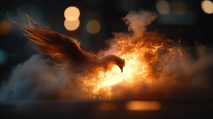 Poster - Dramatic visual featuring a bird engulfed in flames against a dark bokeh background. The bird's form is visible through the intense fire, set against soft glowing lights, creating a captivating blend
