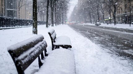 Poster - Snowy Winter Scene Featuring Benches Along a Quiet Street in a Snowstorm : Generative AI