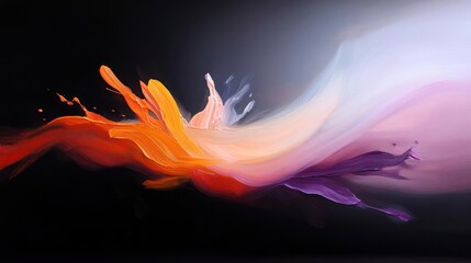 Fototapete - Abstract painting featuring dynamic strokes of orange, pink, and purple against a dark background. The artwork showcases a sense of movement and energy through its blended colors and flowing