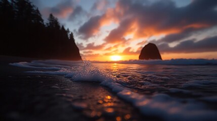 Aufkleber - Scenic sunset view on a sandy beach with ocean waves washing ashore. Silhouetted rock formations and evergreen trees create a dramatic backdrop under a colorful sky. The water reflects the golden