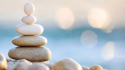 Poster - Tranquil Stack of Pebbles on Beach With Soft Bokeh Background : Generative AI