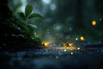 Poster - Low-angle shot of a forest floor with glowing particles hovering above dark soil, moss-covered rocks, and a few green leaves under dim lighting. This creates a magical and serene atmosphere